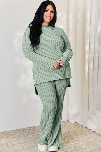 Full Size Ribbed High-Low Top and Wide Leg Pants Set
