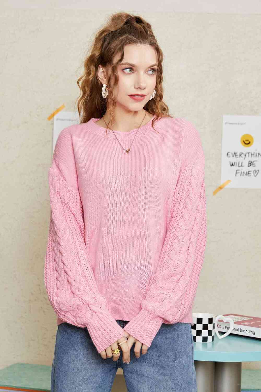 Round Neck Cable-Knit Dropped Shoulder Sweater