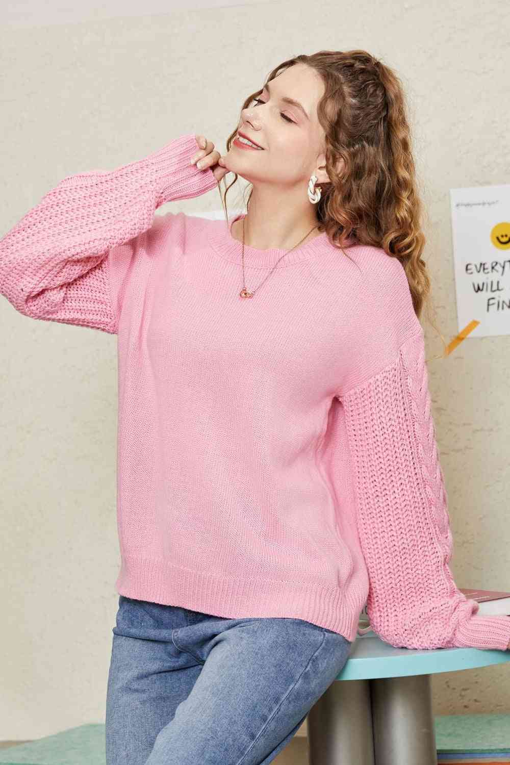 Round Neck Cable-Knit Dropped Shoulder Sweater