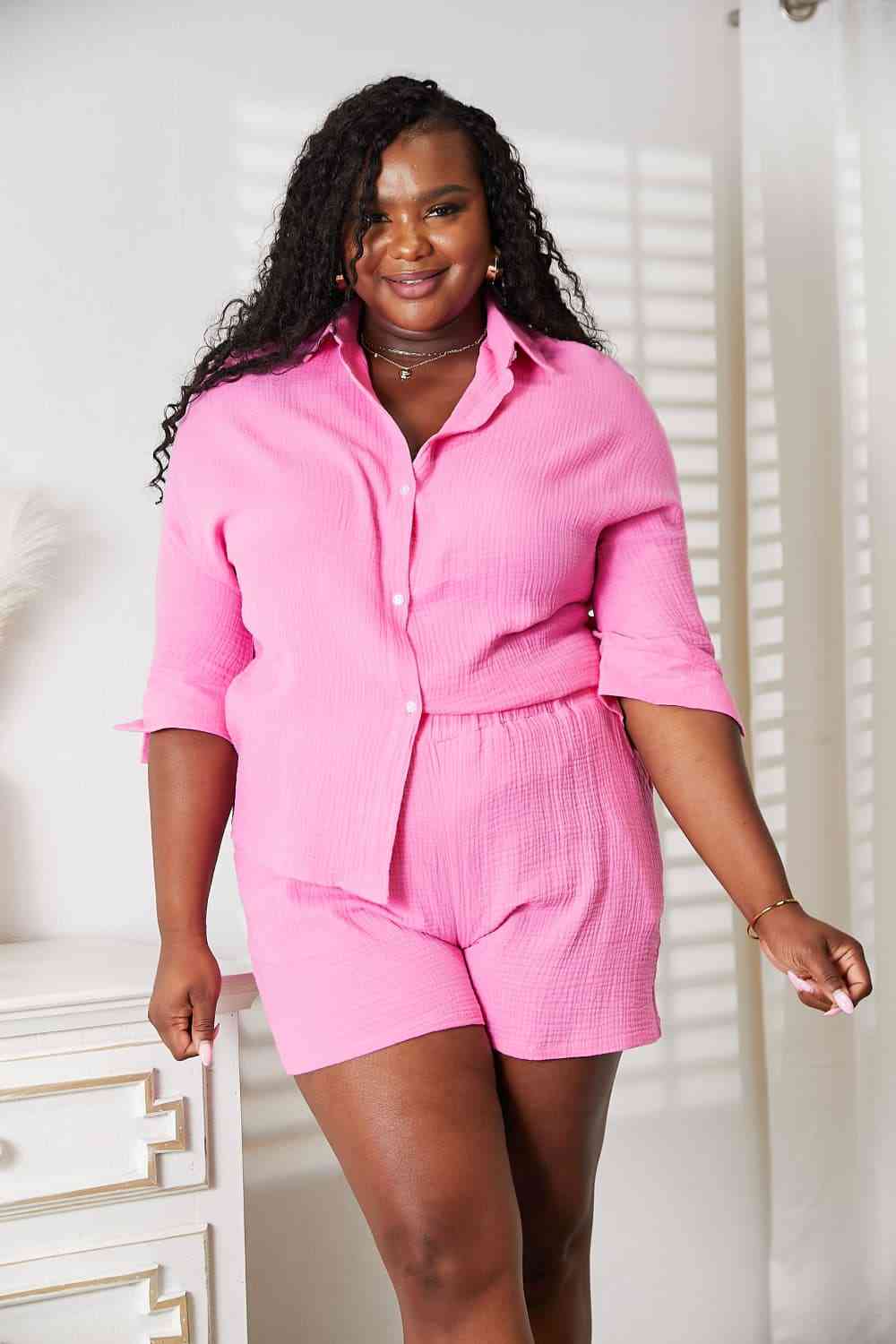 Pink Textured Shirt and Elastic Waist Shorts Set
