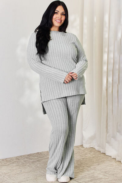 Full Size Ribbed High-Low Top and Wide Leg Pants Set